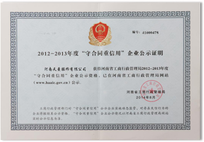 天曼服飾守合同重信用證書(shū)